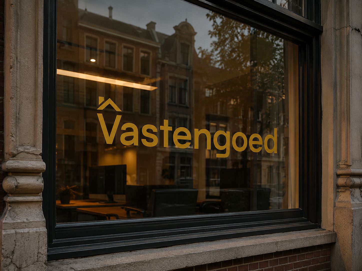 Vastengoed-logo op de glazen ruit van het kantoor